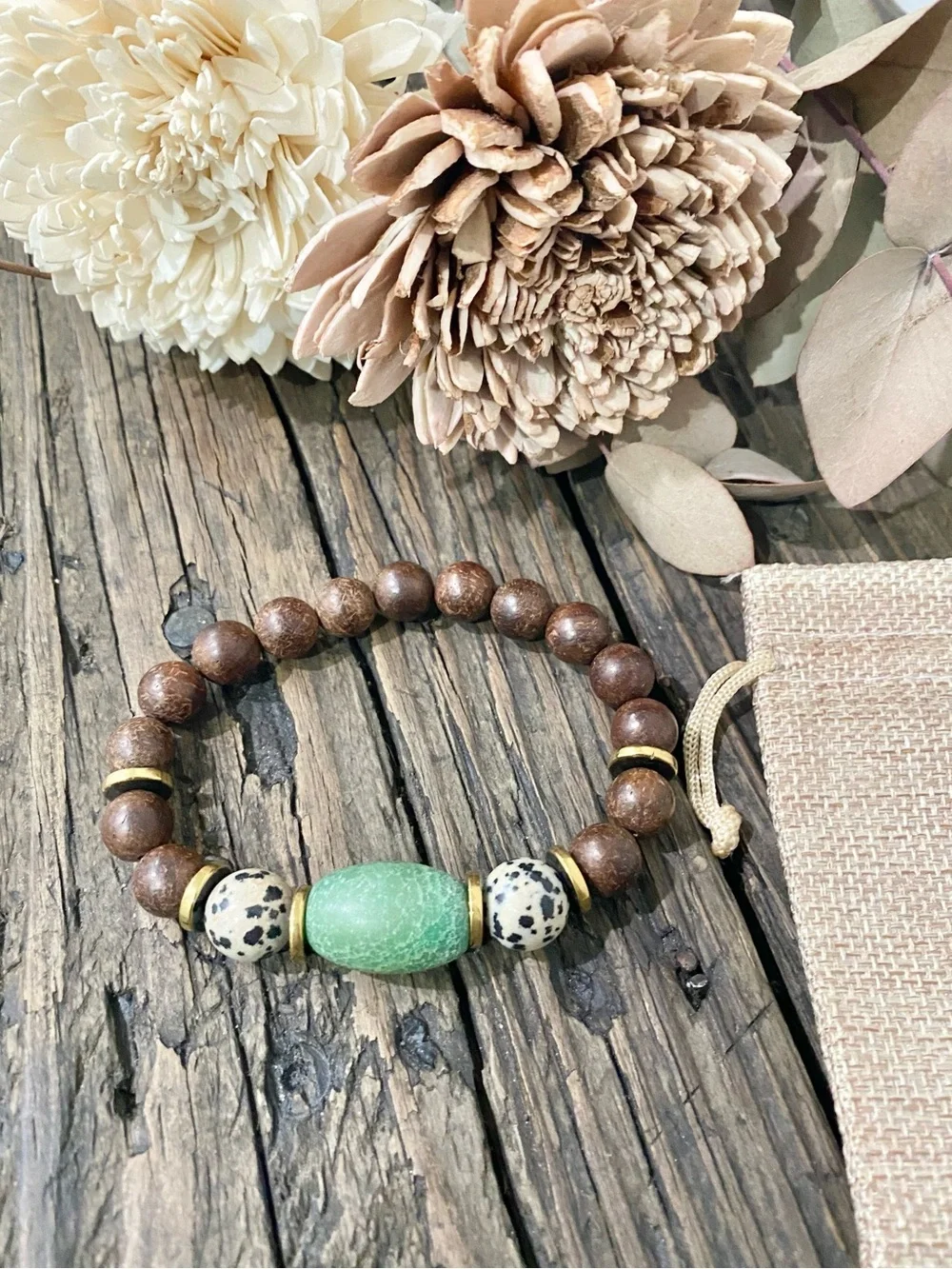 Sandalwood & Jasper Bead Stretch Bracelet with Gold & Big Glass Accent